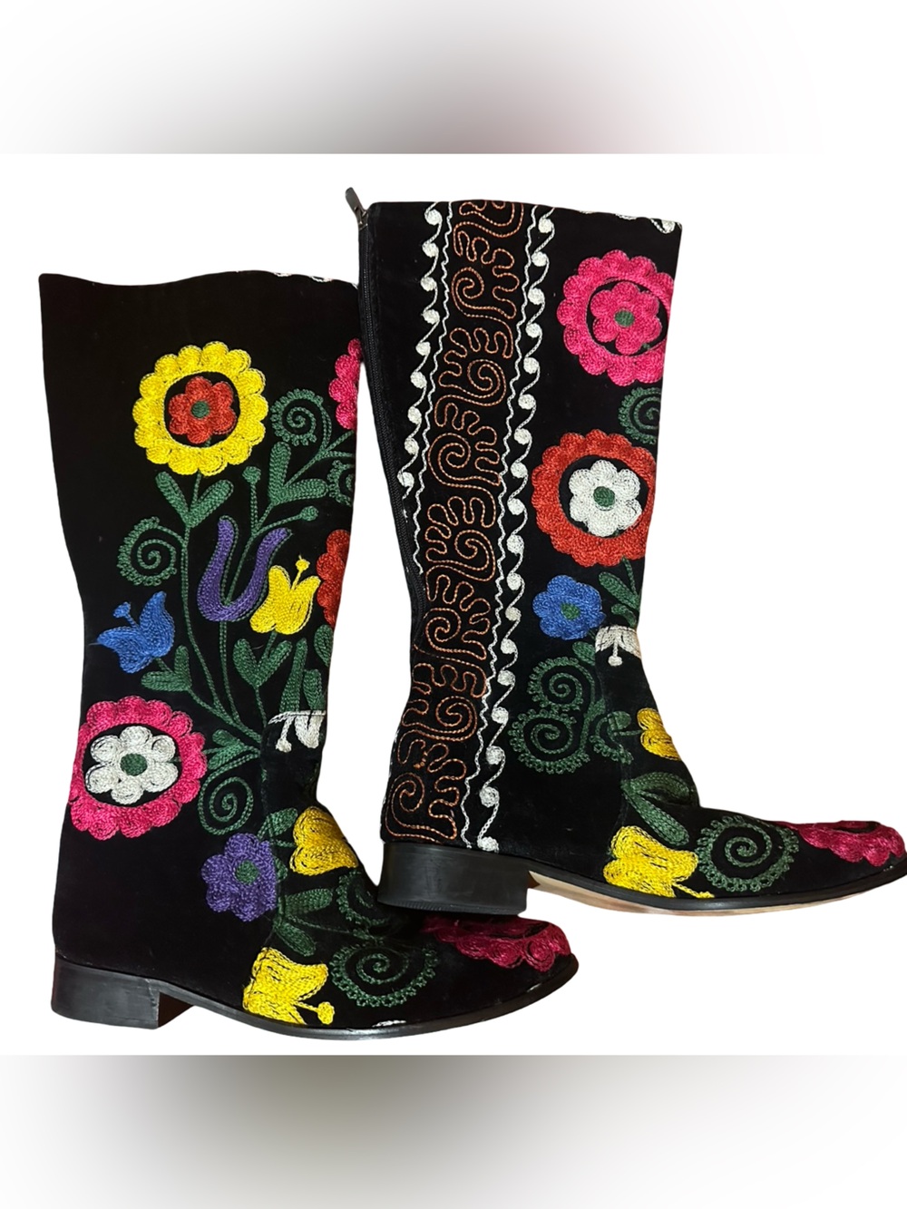 Boho Embroidered Floral Knee High Boots Black Velvet Suzani Style Statement 10